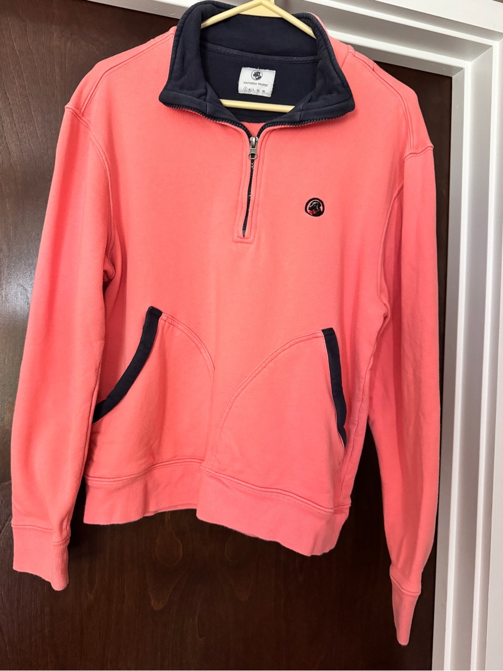 Southern Proper Coral Quarter-Zip Pullover with Navy Trim